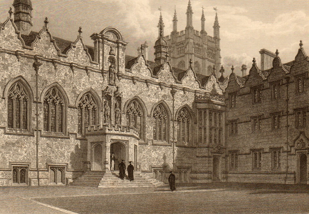 The Hall & Chapel, Oriel College, Oxford, by John Le Keux 1837 old print