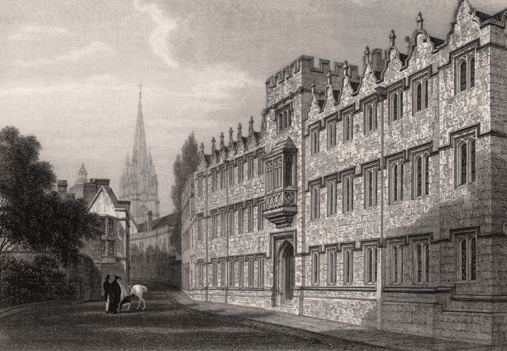 West front of Oriel College, Oxford, by John Le Keux 1837 old antique print