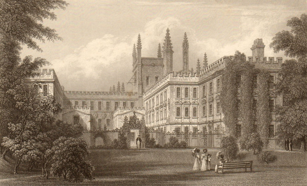 New College from the garden, Oxford, by John Le Keux 1837 old antique print