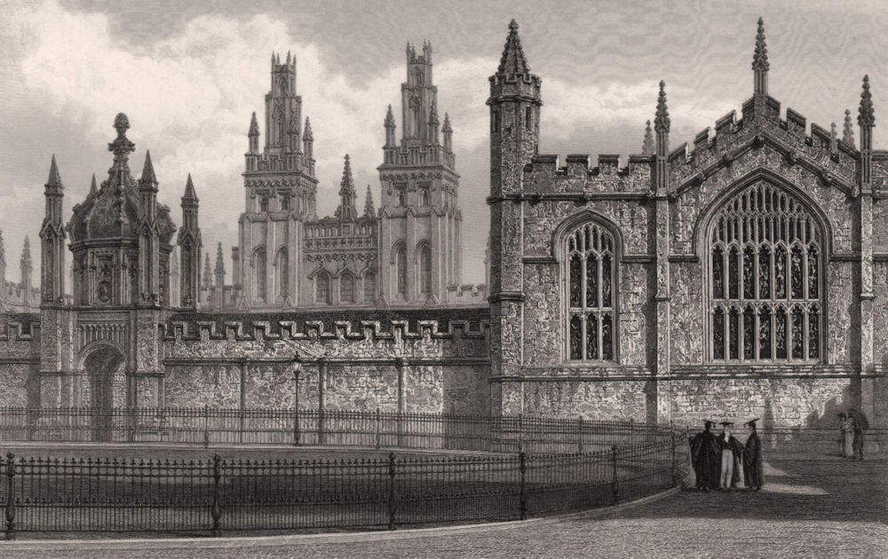 Associate Product West front of All Souls College, Oxford, by John Le Keux 1837 old print