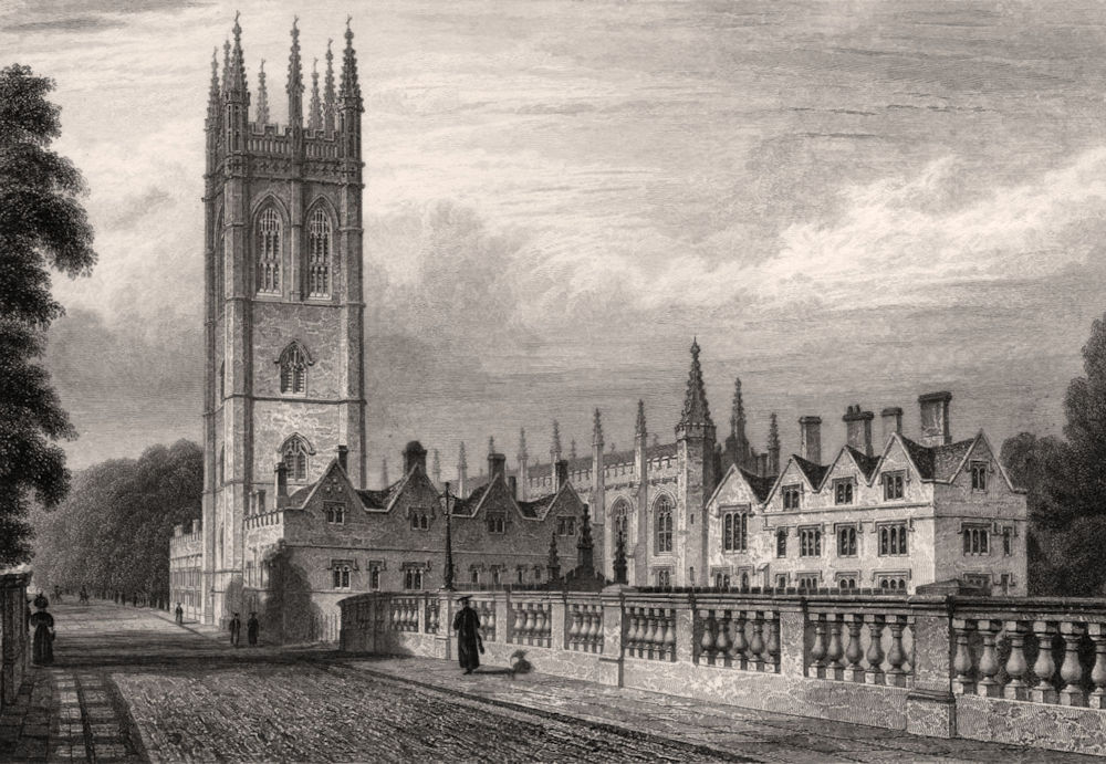 Associate Product Magdalen College from the Bridge, Oxford, by John Le Keux 1837 old print