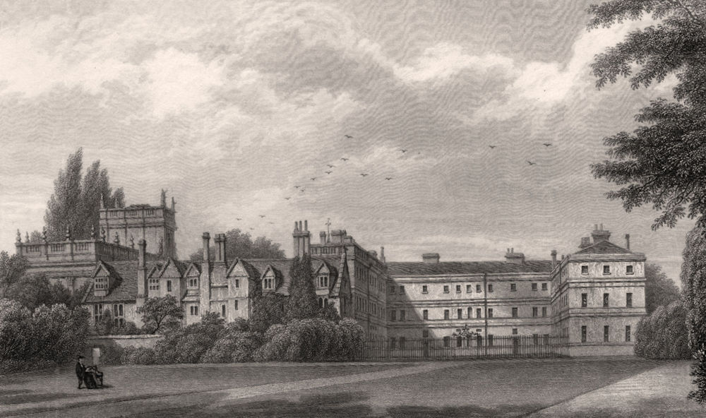 Trinity College from the garden, Oxford, by John Le Keux 1837 old print