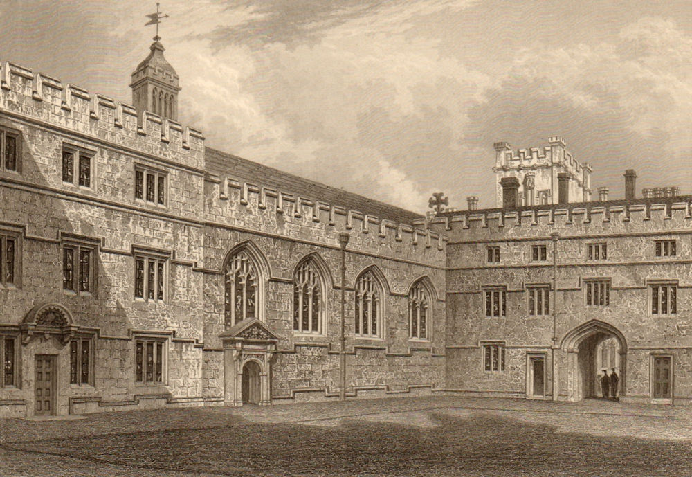 The Quadrangle of Jesus College, Oxford, by John Le Keux 1837 old print