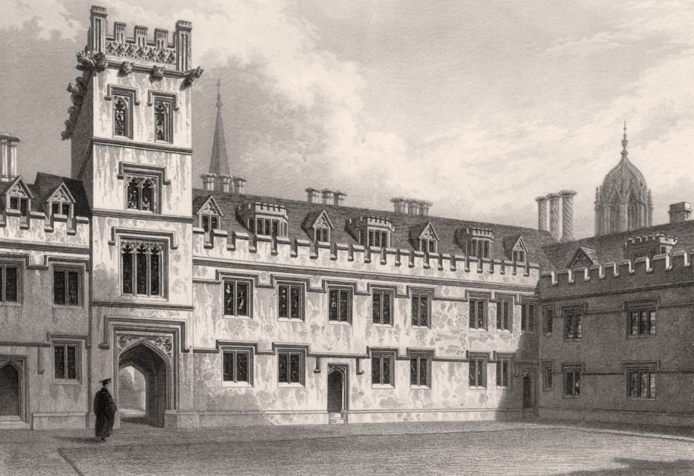 The Quadrangle of Pembroke College, Oxford, by John Le Keux 1837 old print