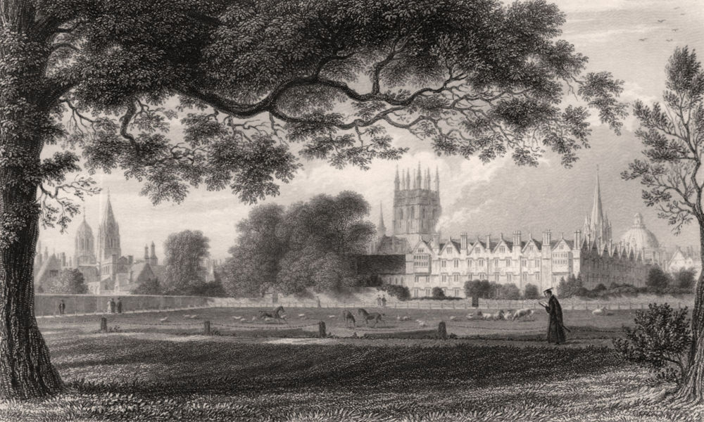 General view from Merton Field, Oxford, by John Le Keux 1837 old antique print