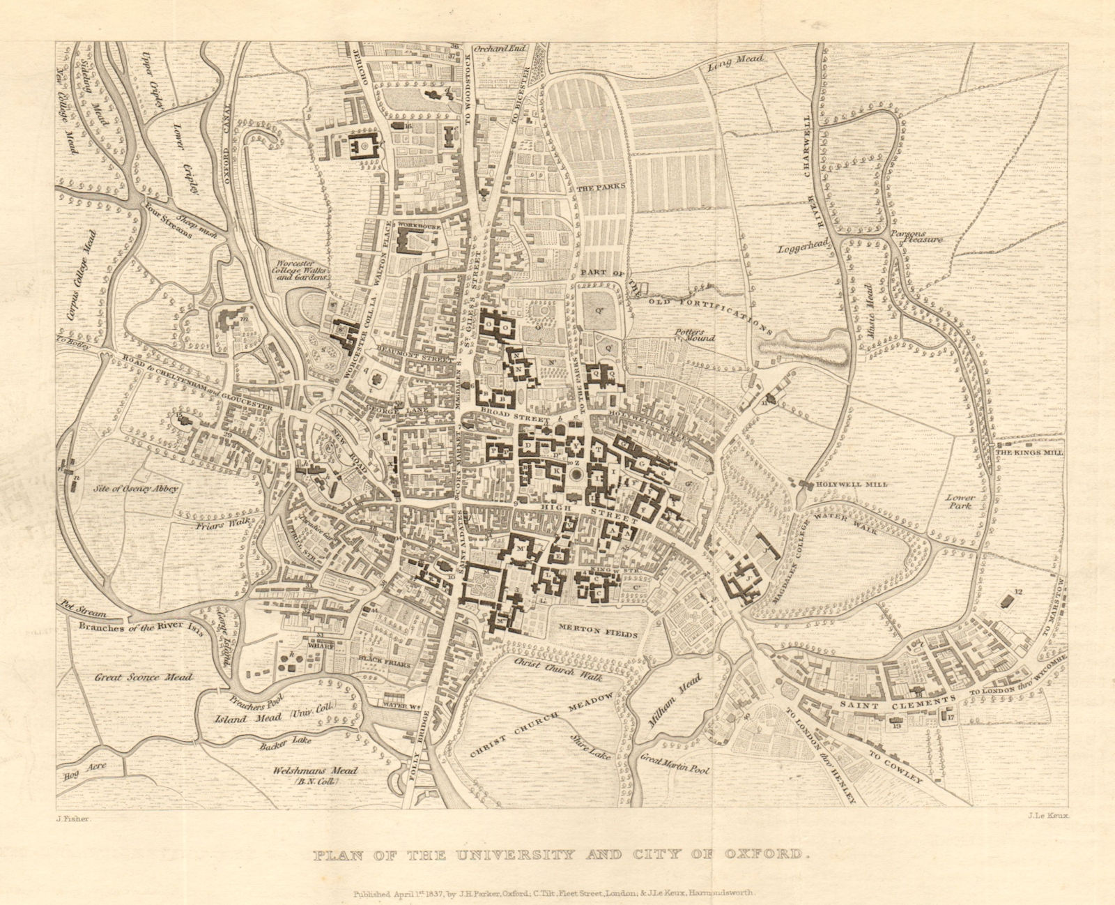 "Plan of the University & City of Oxford". Town plan by John LE KEUX 1837 map