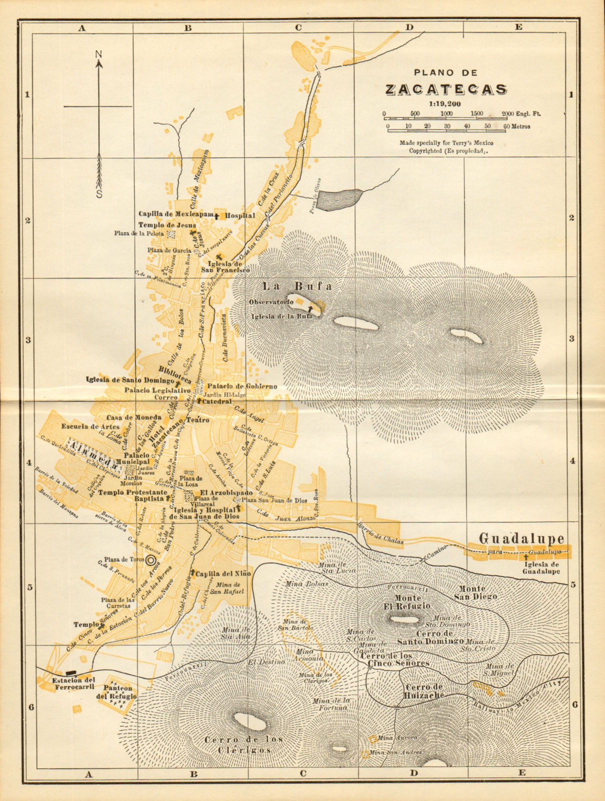 Plano de ZACATECAS, Mexico. Mapa de la ciudad. City/town plan 1935 old