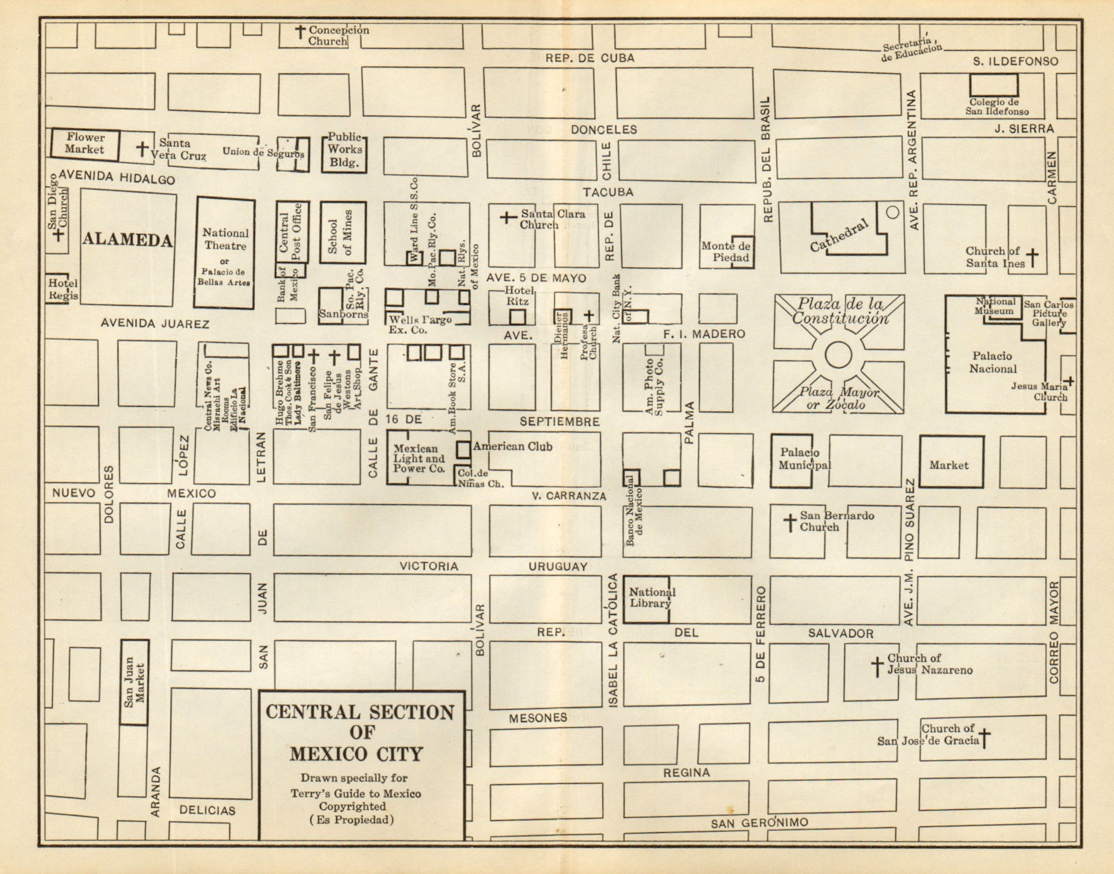Central section of MEXICO CITY. Mapa de la Ciudad de Mexico. Town plan 1935