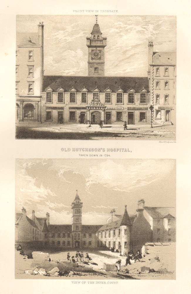 Old Hutcheson's hospital, Glasgow. Front view in Trongate & Inner Court 1848