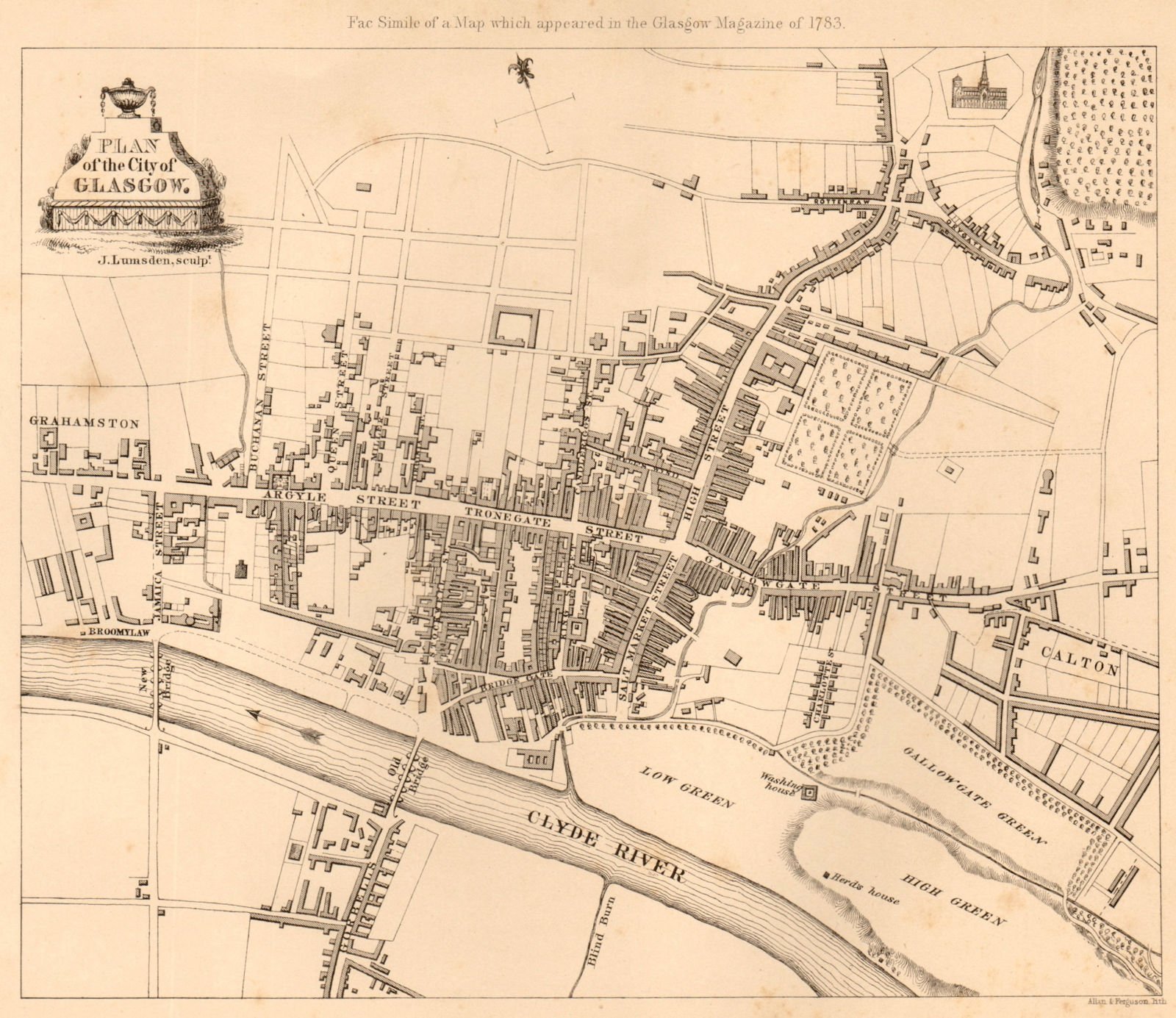 Plan of the city of Glasgow in 1783 by James Lumsden 1848 old antique map
