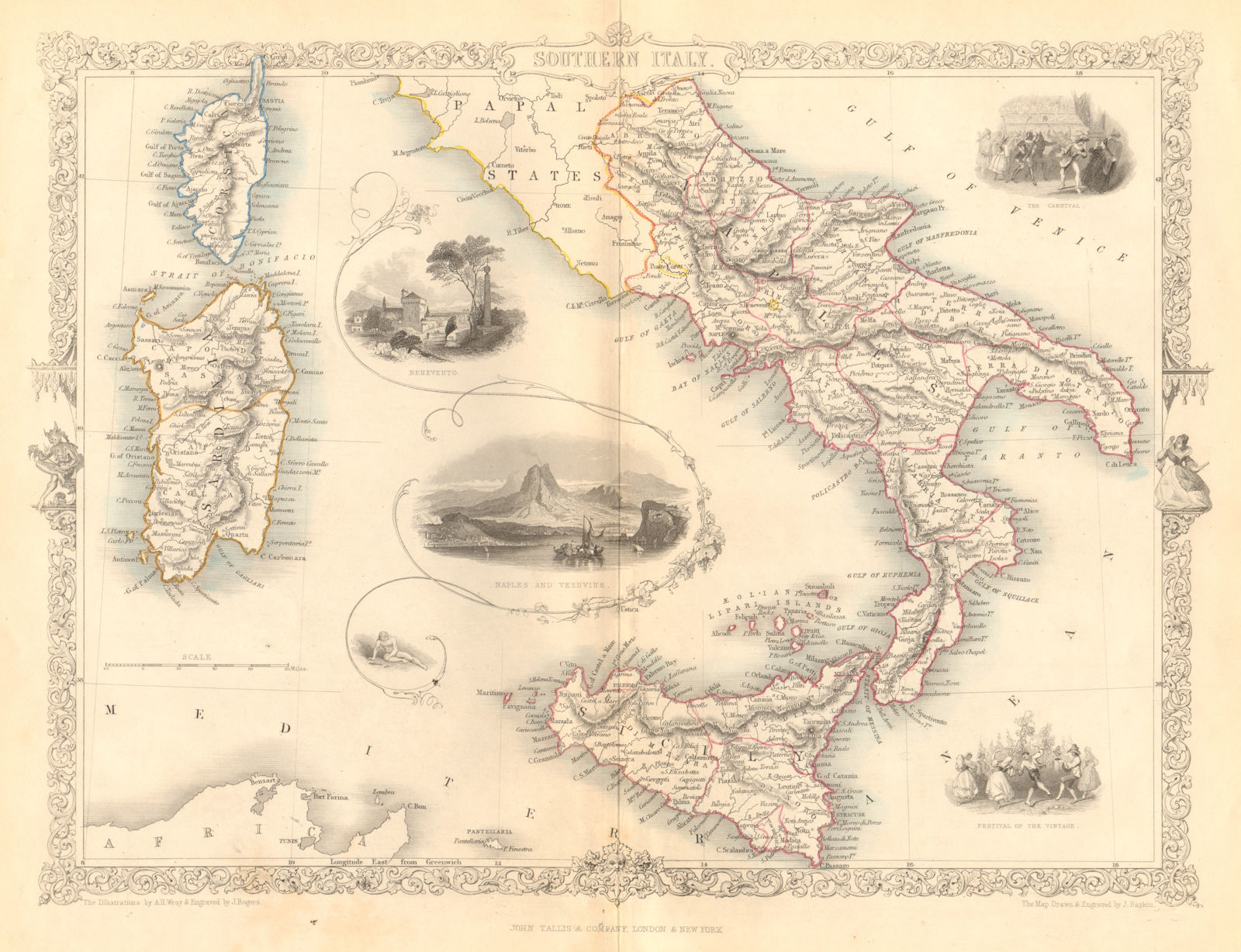 SOUTHERN ITALY. Naples Vesuvius Sicily Sardinia Corsica. RAPKIN/TALLIS c1855 map