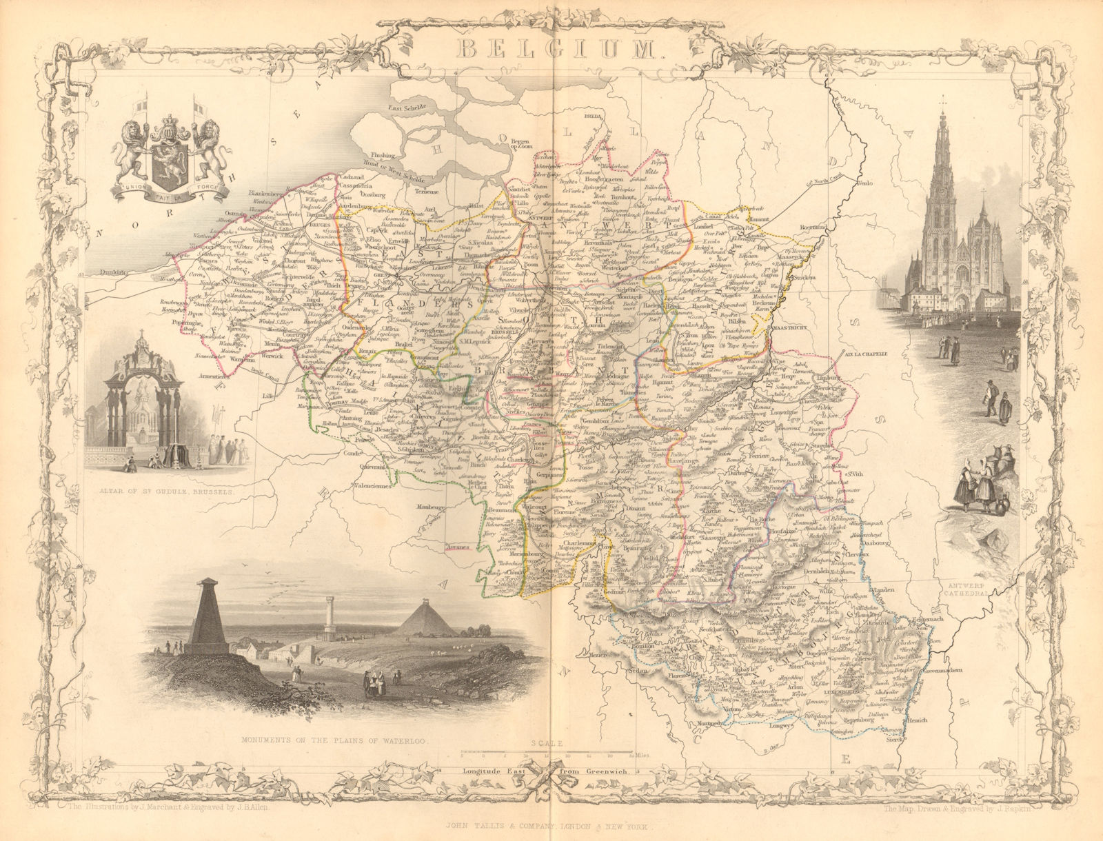 BELGIUM with Luxembourg. Antwerp & Waterloo vignettes. TALLIS & RAPKIN c1855 map