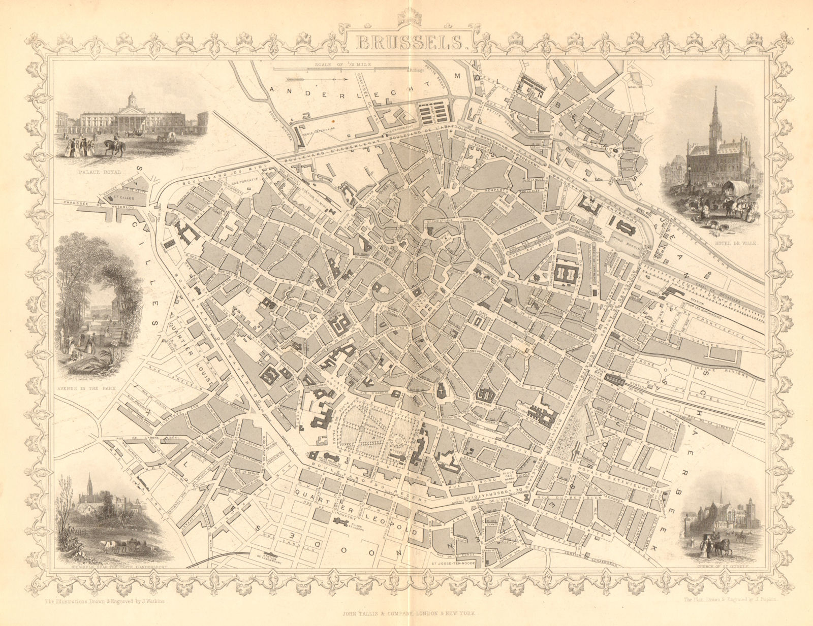 Associate Product Town/city plan of BRUSSELS by TALLIS & RAPKIN. Vignette views c1855 old map