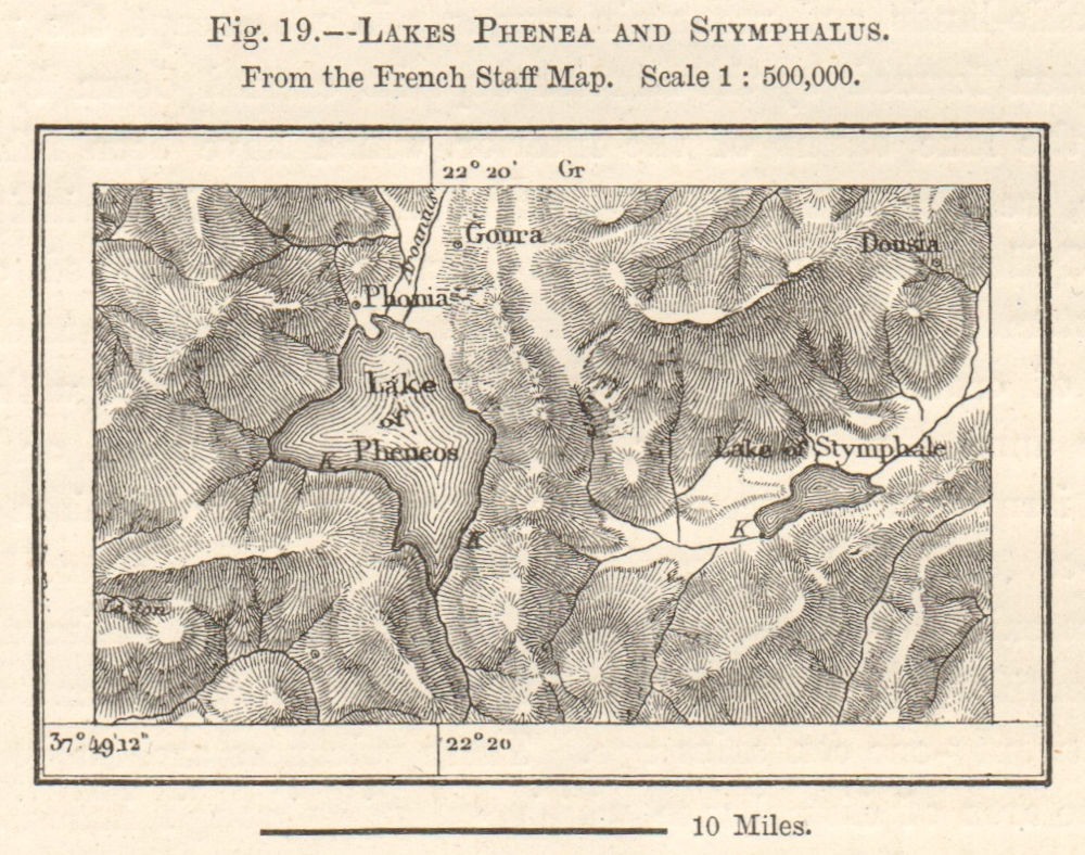 Associate Product Lakes Phenea & Stymphalus. Feneos Plain & Lake Stymfalia. Sketch map. SMALL 1885