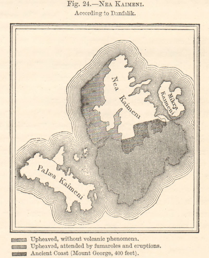 Associate Product Nea Kaimeni According to Danfalik. Santorini. Greece sketch map. SMALL 1885