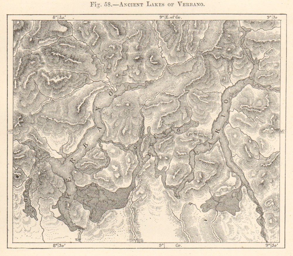 Ancient Lakes of Verbano. Maggiore Lugano Como. Lario Ceresio. Sketch map 1885
