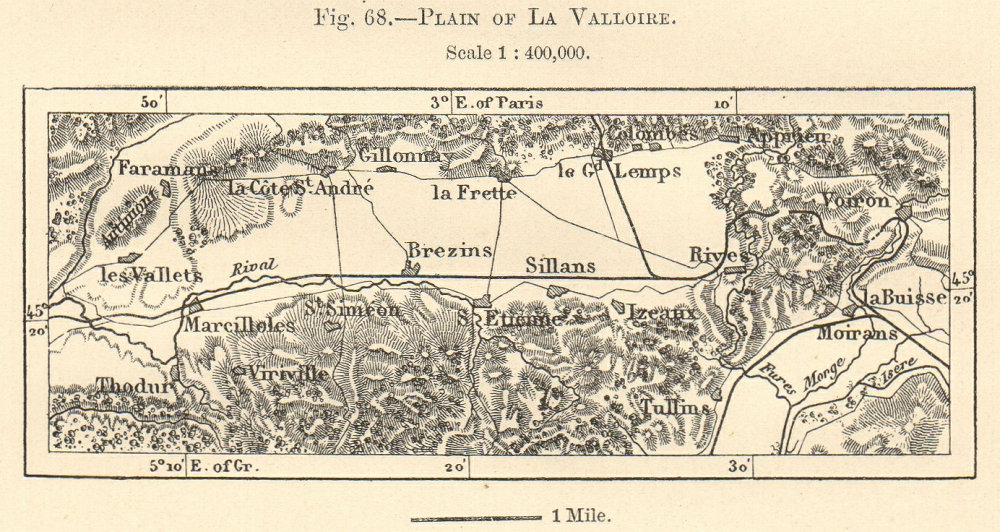 Associate Product Plain of La Valloire. Isère. Voiron Moirans. Sketch map. SMALL 1885 old