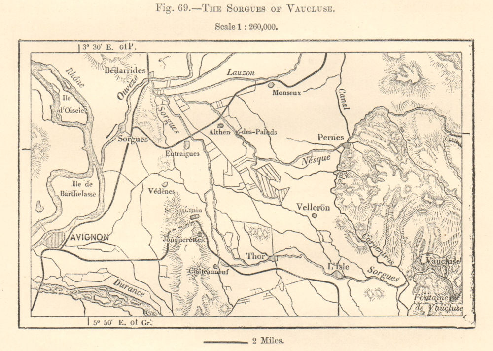 Associate Product Sorgues & Rhone rivers. Avignon & eastern environs. Sketch map 1885 old