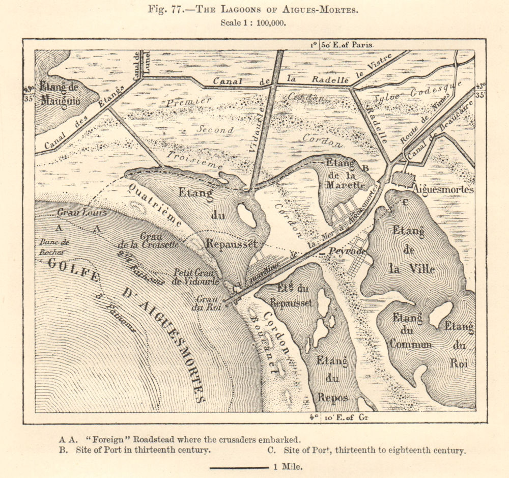 Associate Product Aigues-Mortes lagoons. Étang Marette Ville Repausset Ponent Gard Sketch map 1885