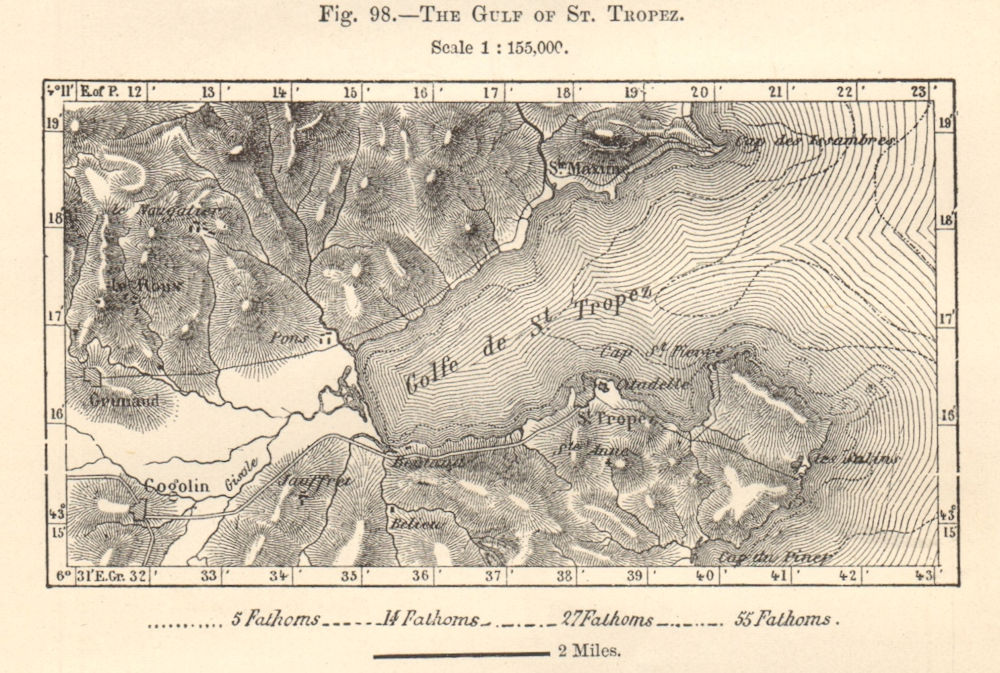 The Gulf of Saint-Tropez. Sainte-Maxime. Var. Sketch map 1885 old antique