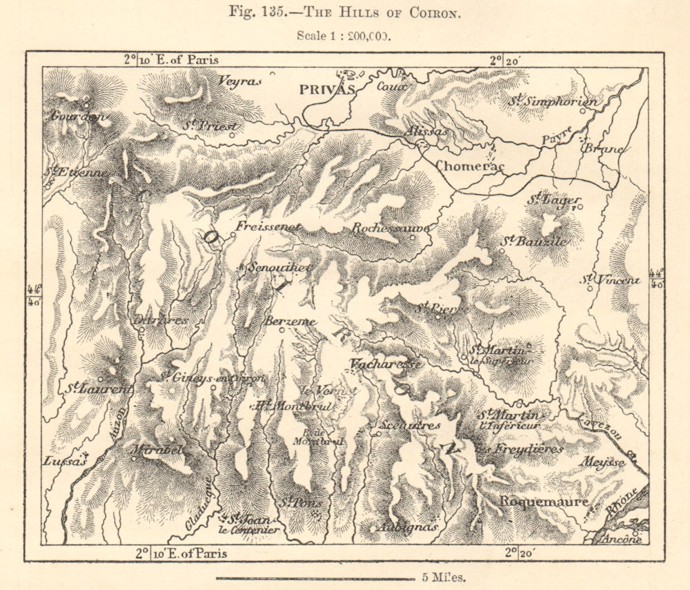 Associate Product The Hills of Coiron. Ardèche. Privas. Sketch map 1885 old antique chart
