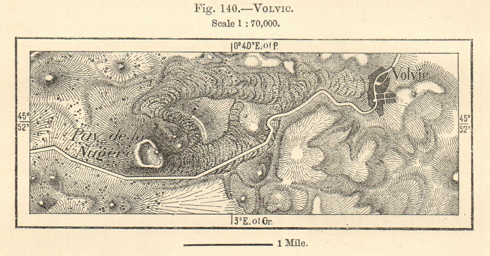 Associate Product Volvic & Puy de la Nugére. Puy-de-Dôme. Sketch map. SMALL 1885 old antique