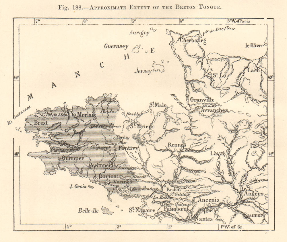 Approximate extent of the Breton language. Brittany Finistere. Sketch map 1885