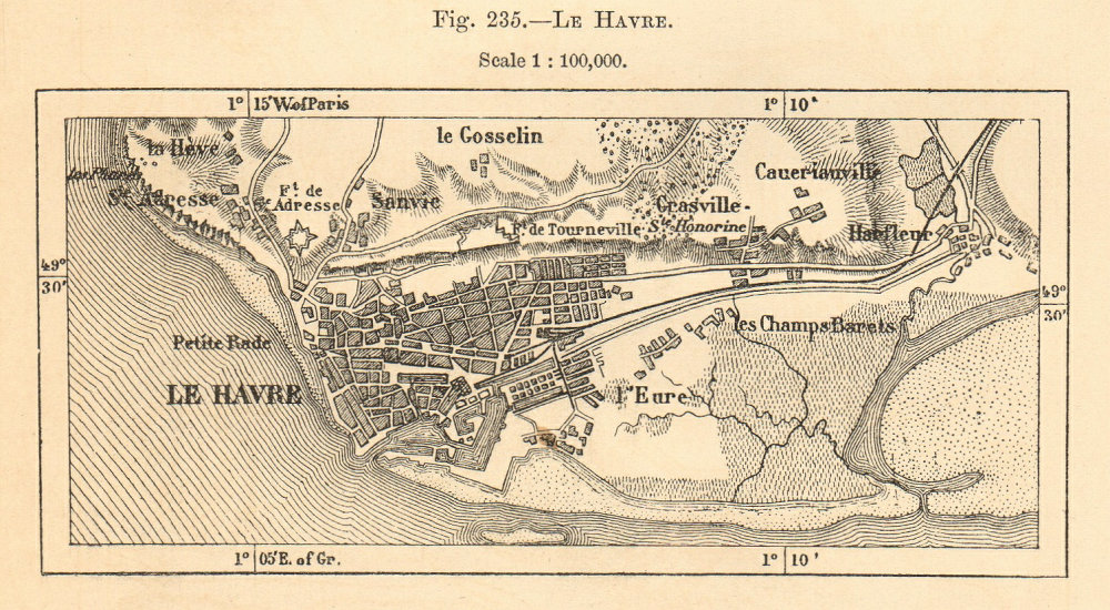 Associate Product Le Havre plan. Seine-Maritime. Sketch map 1885 old antique chart