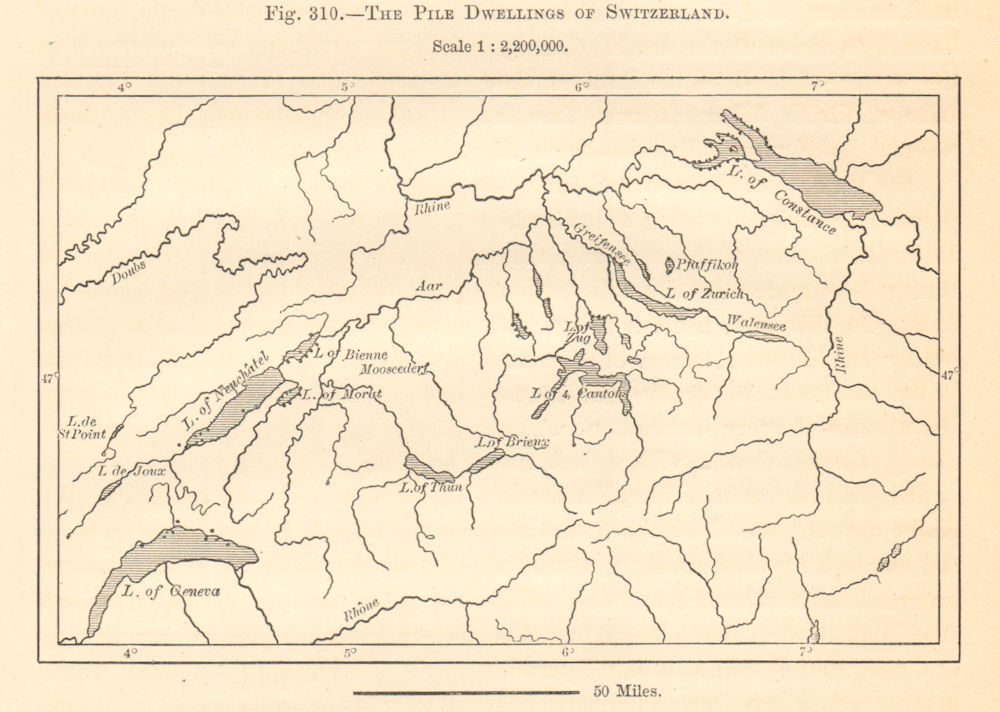 Associate Product Prehistoric Pile Dwellings of Switzerland. Lakes. Sketch map 1885 old