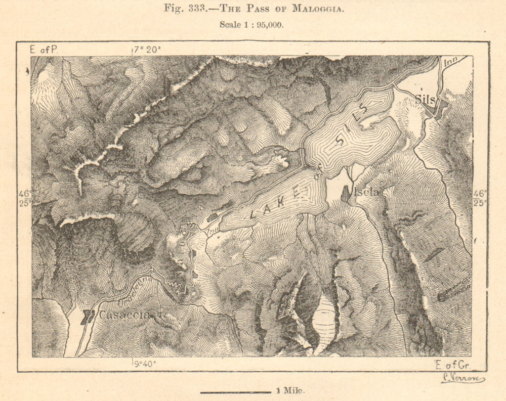 Maloja Pass. Silsersee Sils-Maria Bivio Casaccia Switzerland. Sketch map 1885
