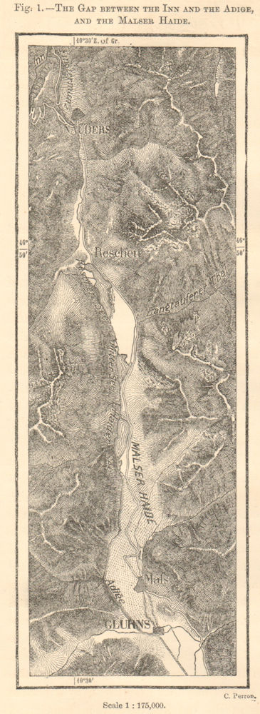 Inn Adige gap. Malser Haide. Glurns Nauders Switzerland Austria. Sketch map 1885