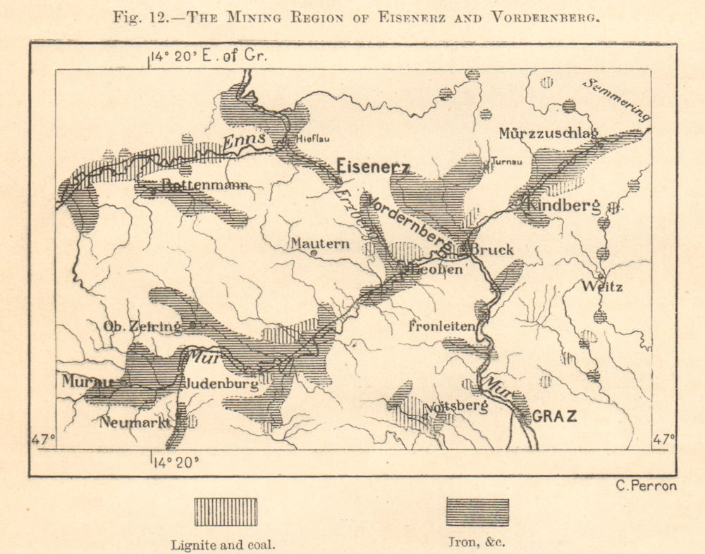 Associate Product Eisenerz & Vordernberg lignite coal iron mining region. Austria. Sketch map 1885