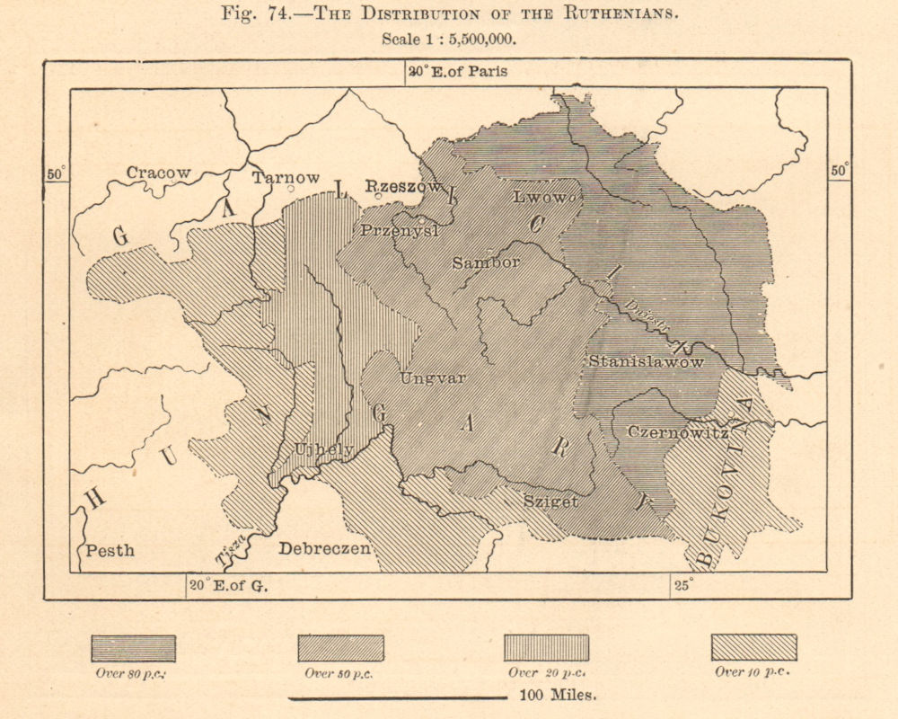 Distribution of Ruthenians. Ukraine Poland Slovakia Romania. Sketch map 1885