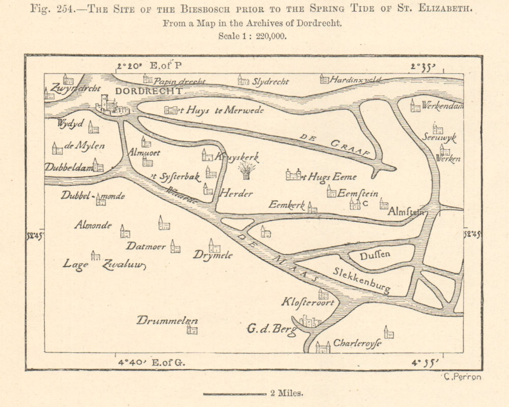 The Biesbosch before St Elizabeth's flood 1421. Dordrecht. Sketch map 1885