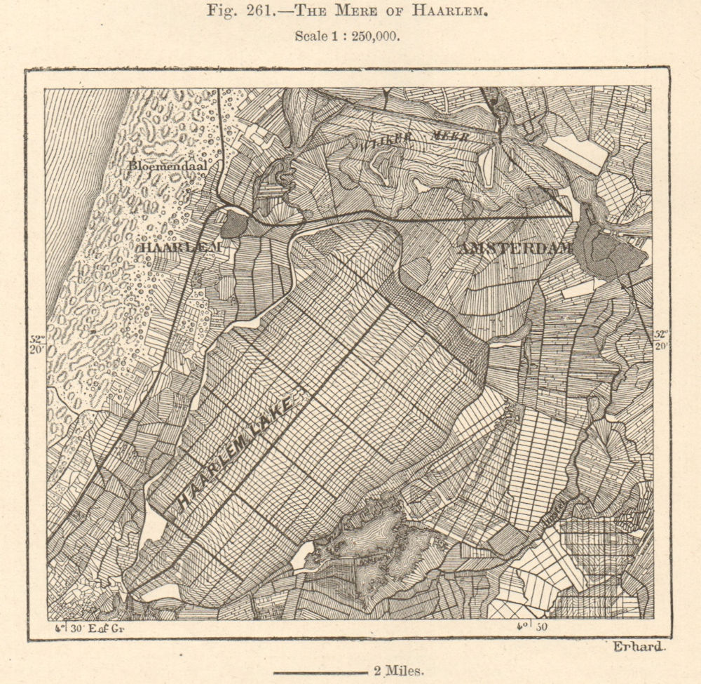 The Mere of Haarlem. Haarlemmermeer. Netherlands. Sketch map 1885 old