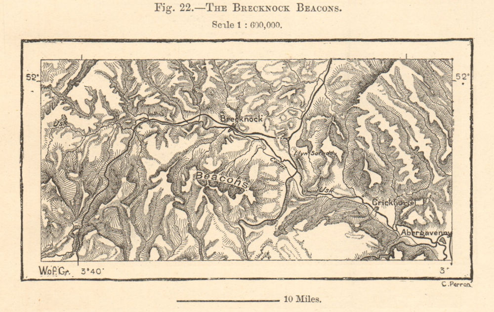 Brecknock or Brecon Beacons. Abergavenny Crickhowell. Powys. Sketch map 1885