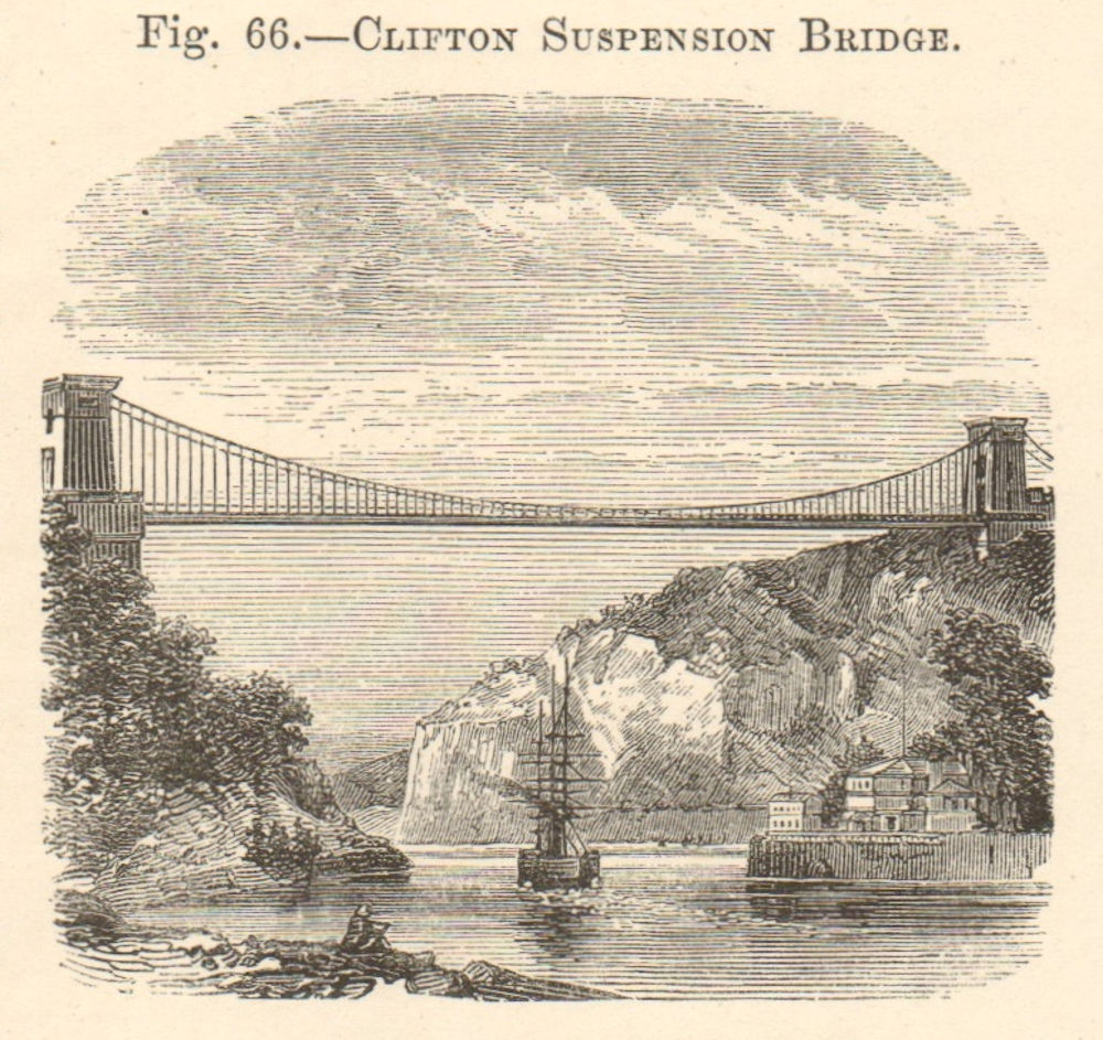 Clifton Suspension Bridge & tall ship passing below. Bristol. SMALL 1885 print