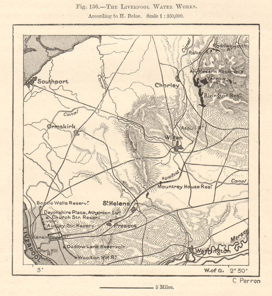 Liverpool Water Works, per H Beloe. Reservoirs. Merseyside. Sketch map 1885