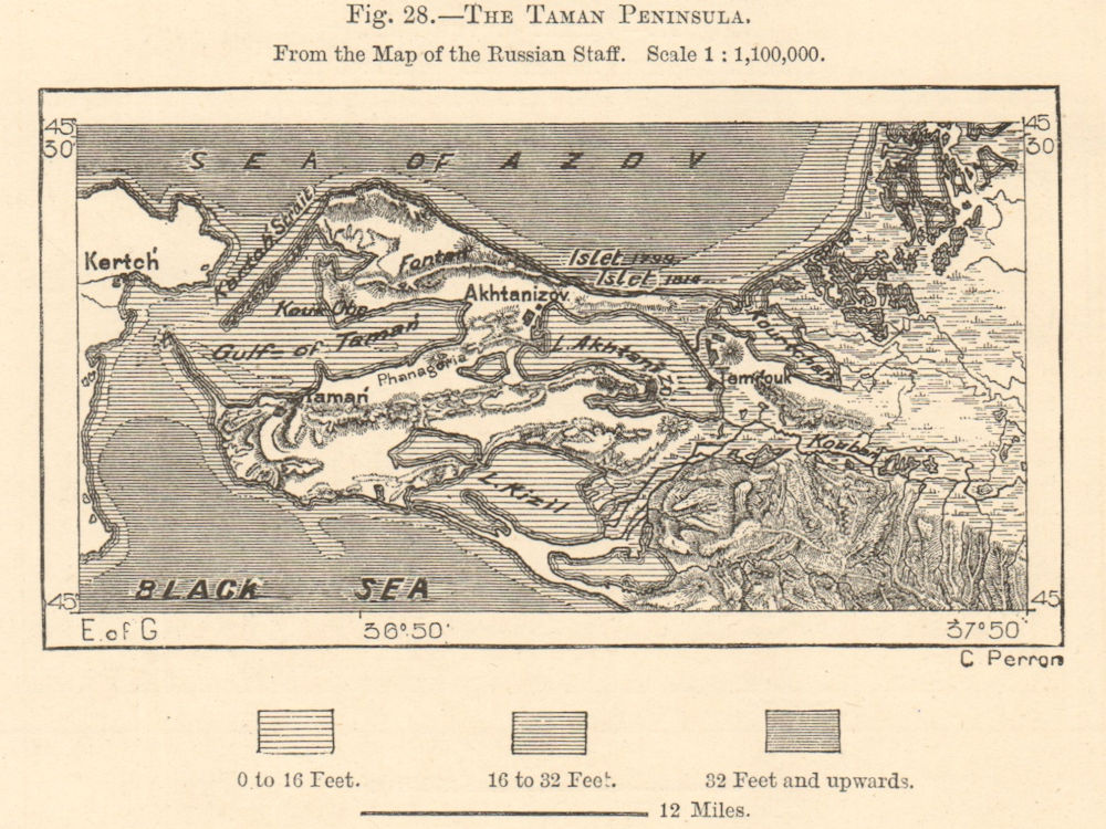 The Taman Peninsula. Sea of Azov. Black Sea. Russia. Sketch map 1885 old