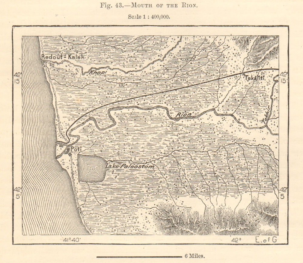 Rion estuary & port of Poti, Georgia. Lake Paliastomi. Sketch map 1885 old