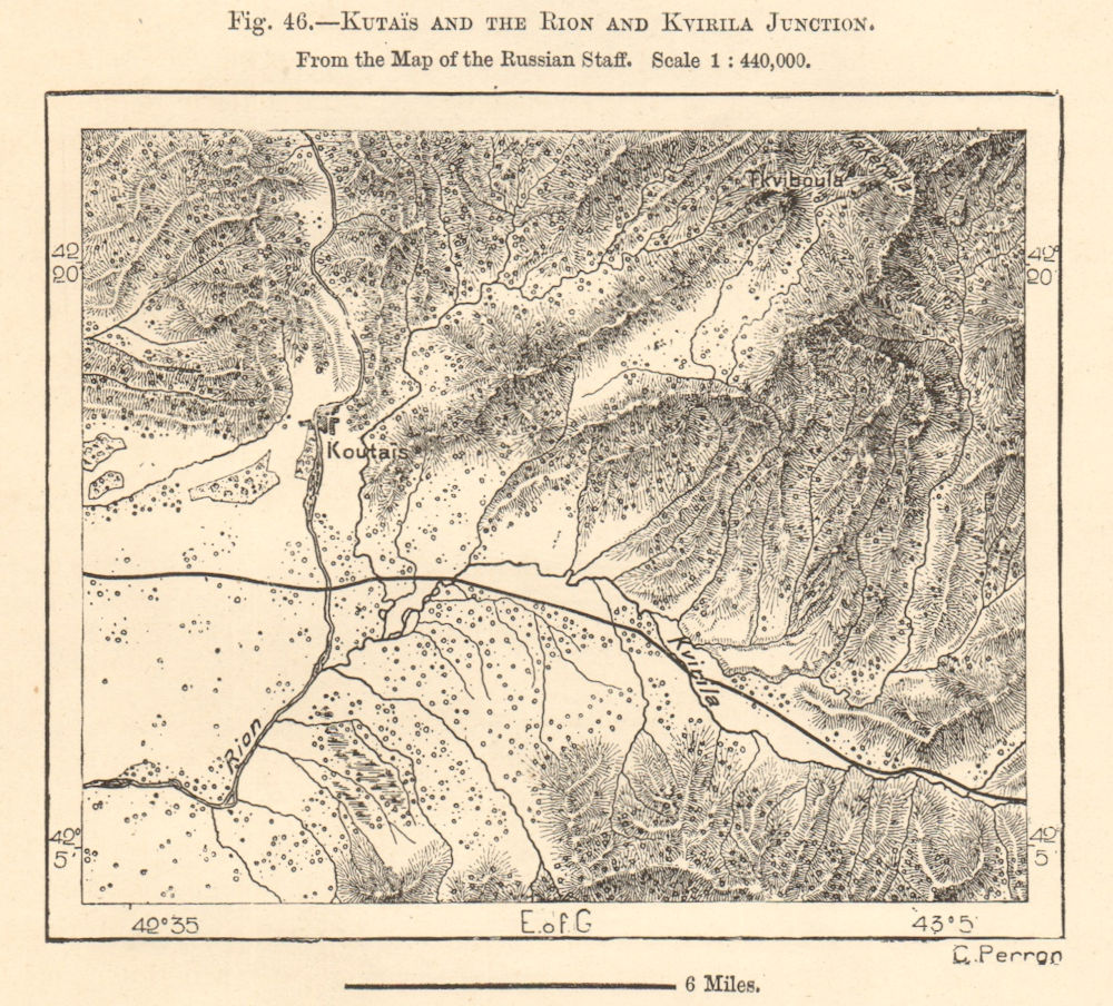 Kutaisi and the Rioni & Kvirila confluence, Georgia. Sketch map 1885 old