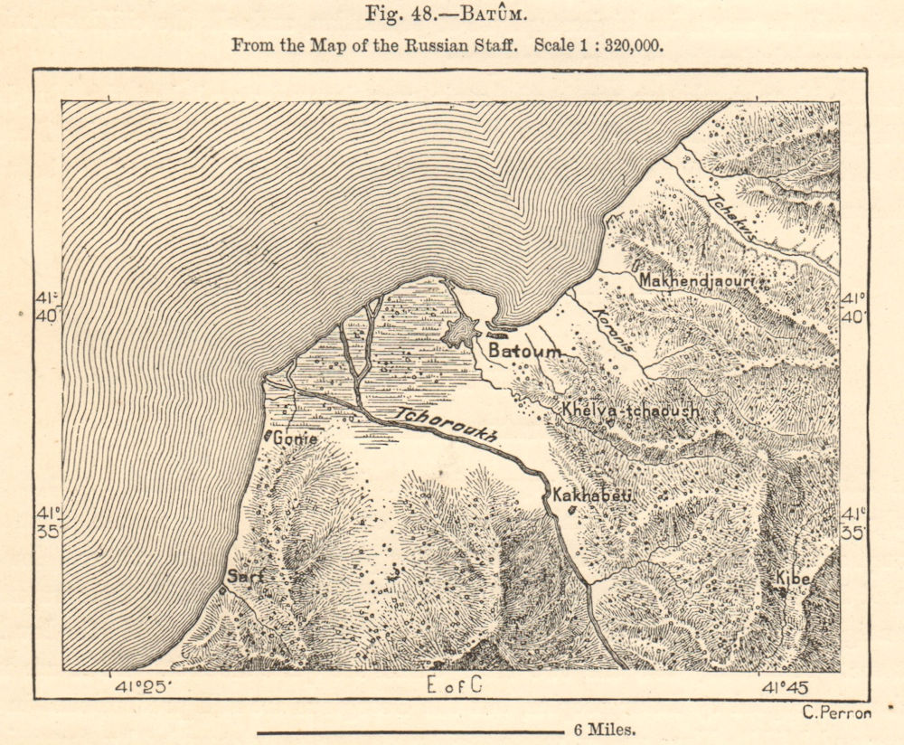 Port of Batumi & Chorokhi estuary, Georgia. Sketch map 1885 old antique