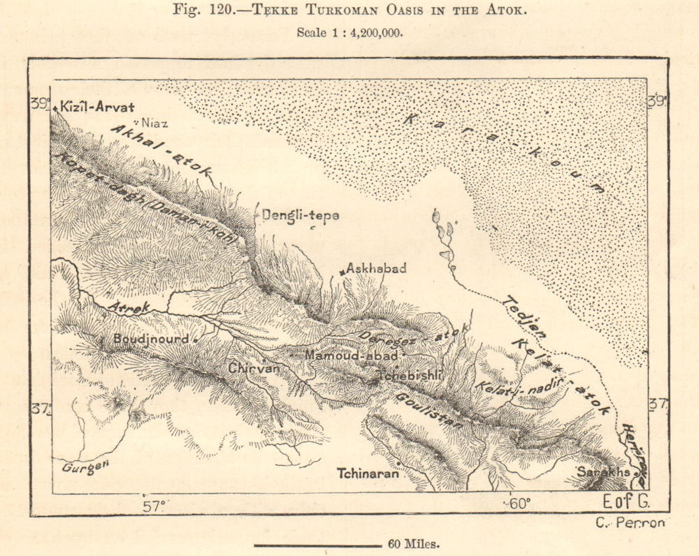 Tekke Turkoman, Ashgabat, Kopet Dag mountains Turkmenistan Iran. Sketch map 1885