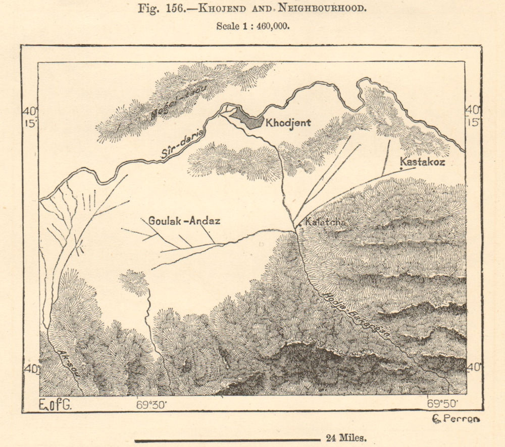 Khujand. Syr Darya river, Fergana Valley Tajikistan Kyrgyzstan. Sketch map 1885