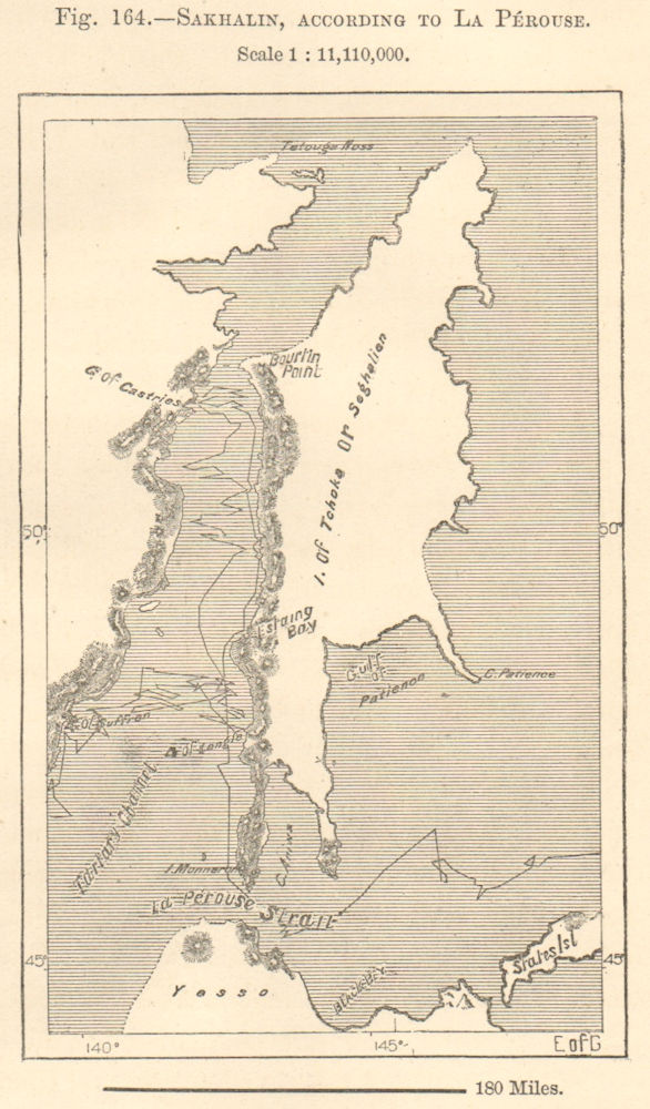 Sakhalin, according to La Perouse. Russia Japan. Sketch map 1885 old