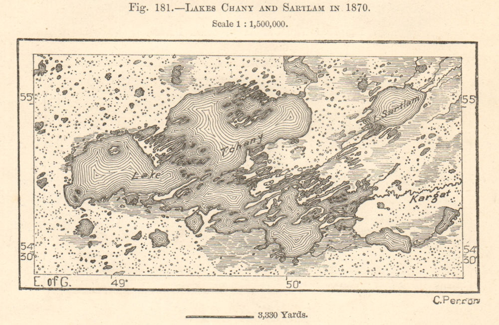 Lakes Chany and Sartlan in 1870. River Kargat, Siberia, Russia. Sketch map 1885