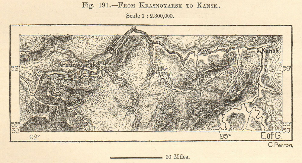 Yenisei & Kan rivers. Krasnoyarsk-Kansk, Siberia, Russia. Sketch map. SMALL 1885