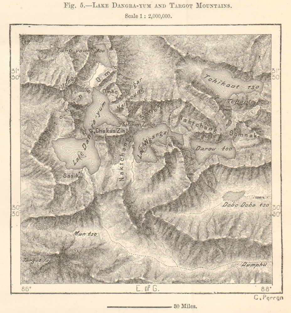 Associate Product Lakes Tangra Yumco & Ngangze Co, Targot Mountains. Tibet China. Sketch map 1885