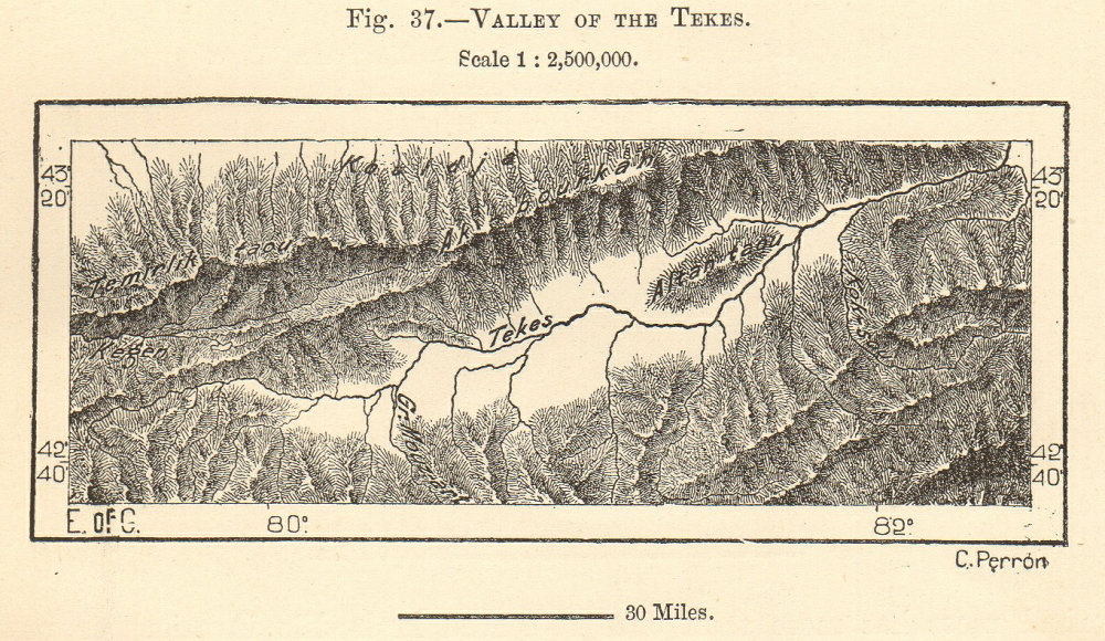 Tekes, Muzart & Kegen valleys, Temirlik China Kazakhstan. Sketch map. SMALL 1885