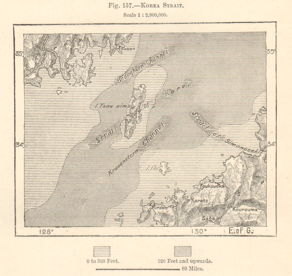 Korea Straight. Tsushima & Iki islands. Busan Fukuoka Japan. Sketch map 1885